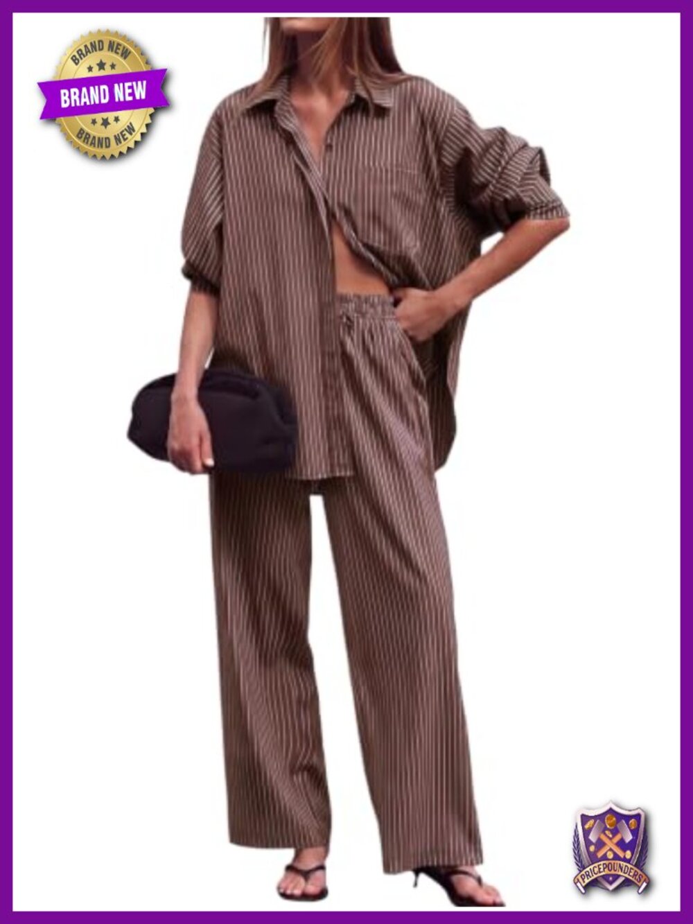 Striped 2 Piece Lounge Pants Set Oversized Button Down Shirt Wide Leg Travel